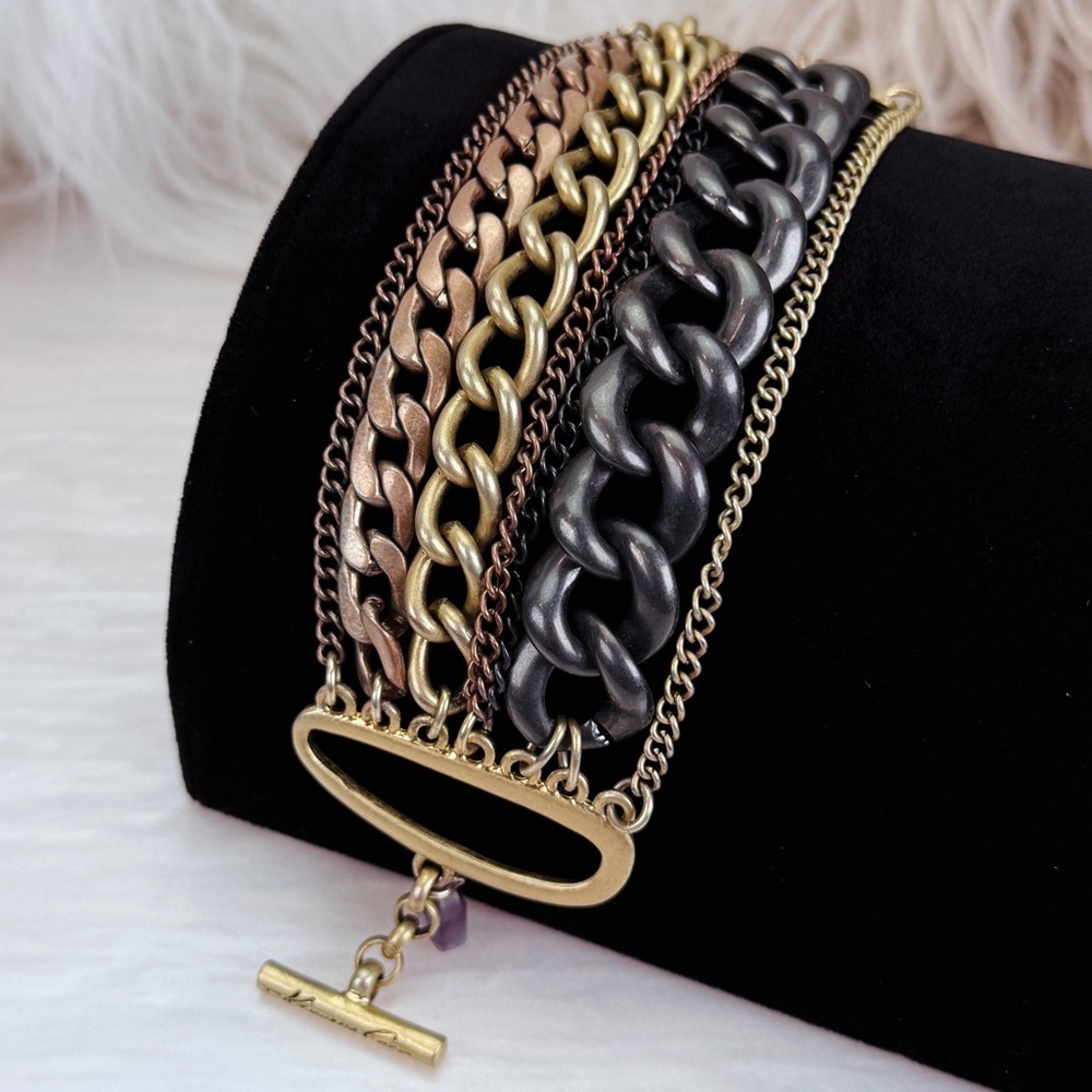 Beautiful, brushed brass tone, multi chain, wide toggle bracelet, costume